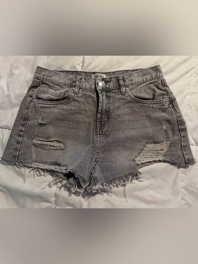 Washed Gray Distressed Denim Shorts - Women's Casual Frayed Hem